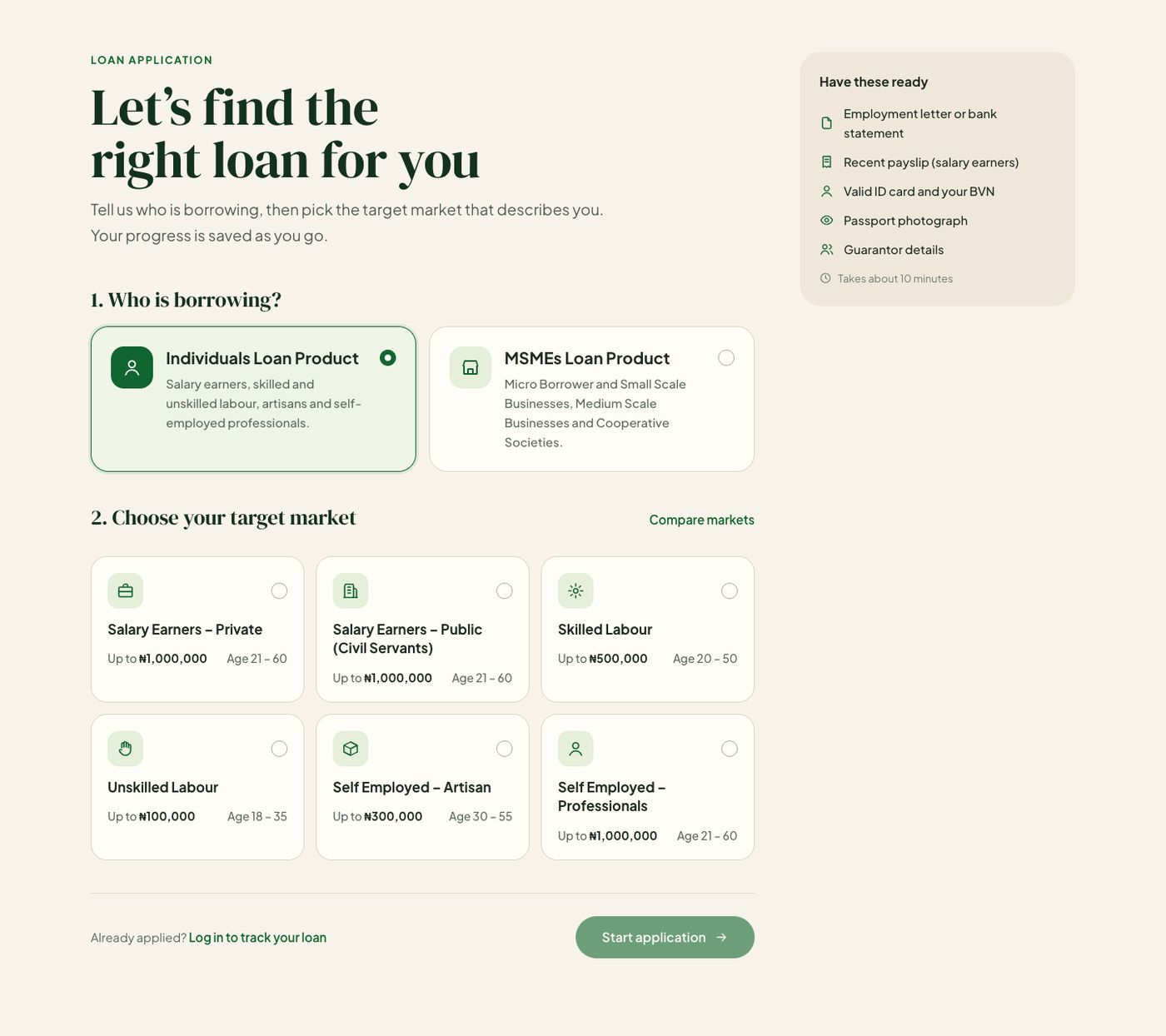 Choose who is borrowing and your target market. The list on the right shows what to have ready.